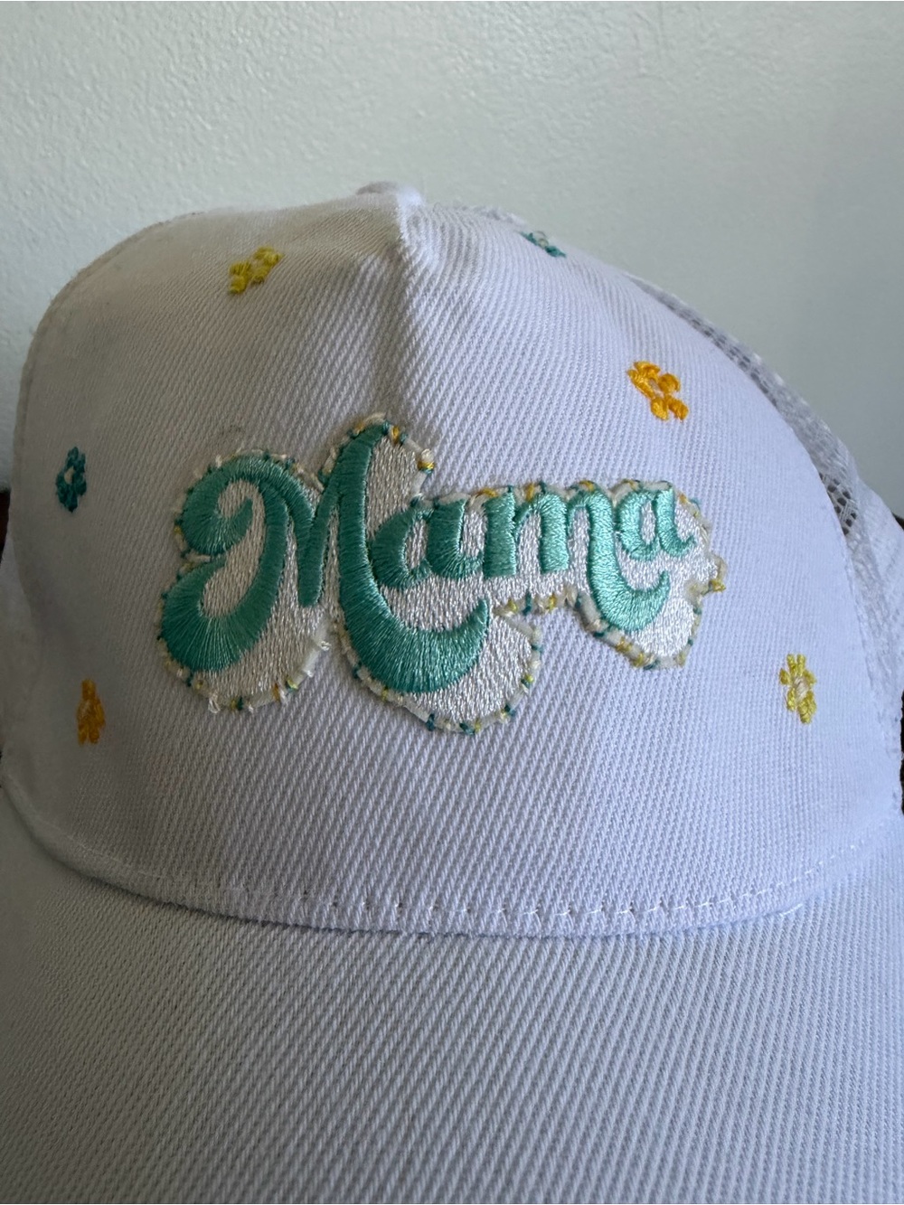 White 'Mama' Embroidered Trucker Hat - Teal & Yellow Accents
